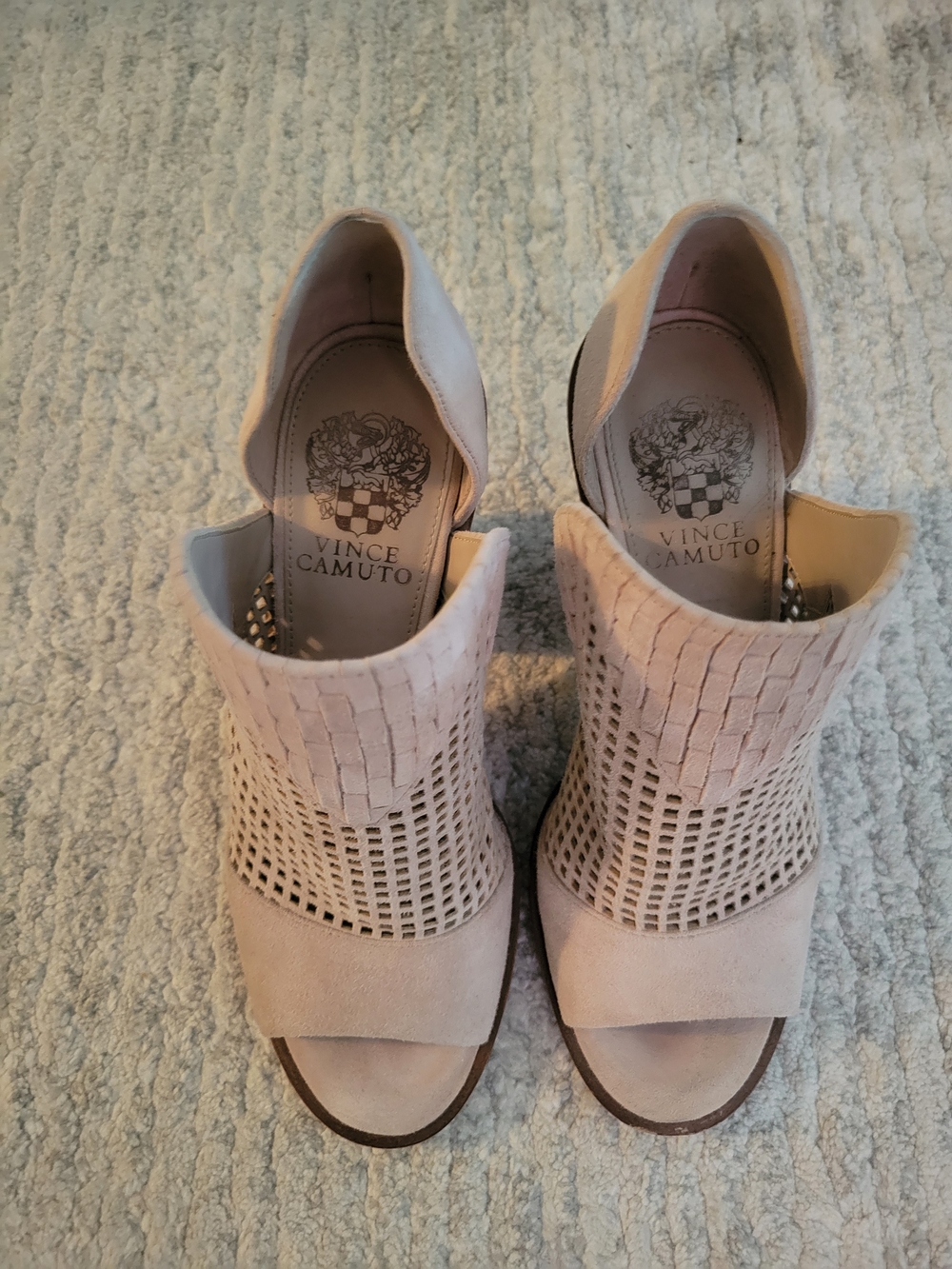 Vince Camuto Taupe Woven Suede Peep-Toe Mules - Size 7